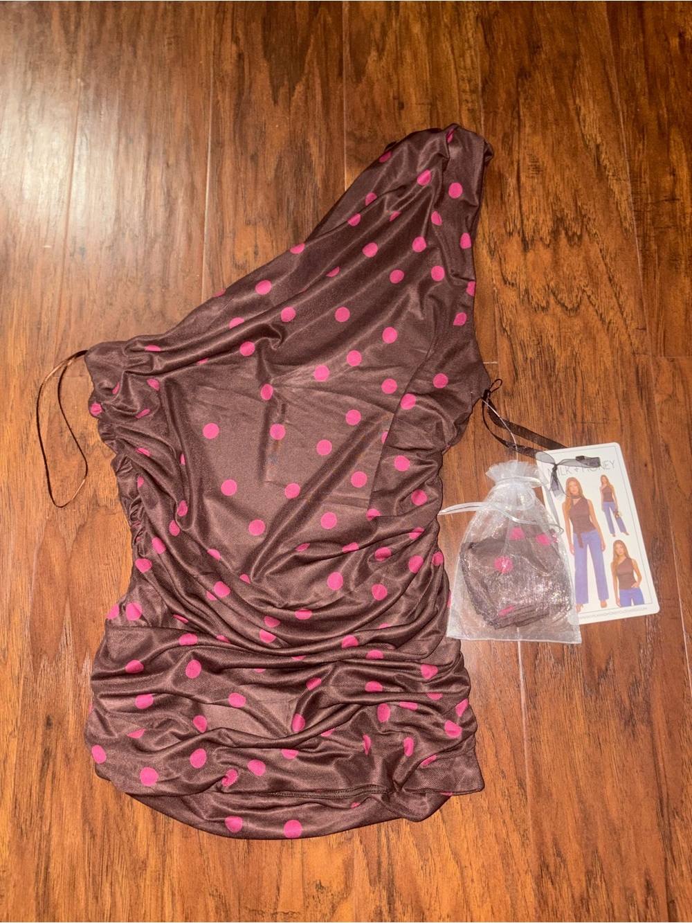 One-Shoulder Brown Dress with Pink Polka Dots